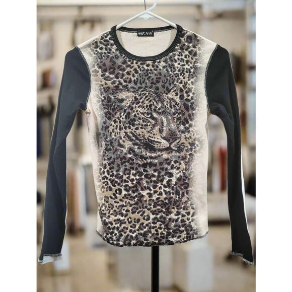 Wet Seal Petite Small Tiger Print Sparkles Brown/Beige Long Sleeve Shirt - Picture 1 of 4